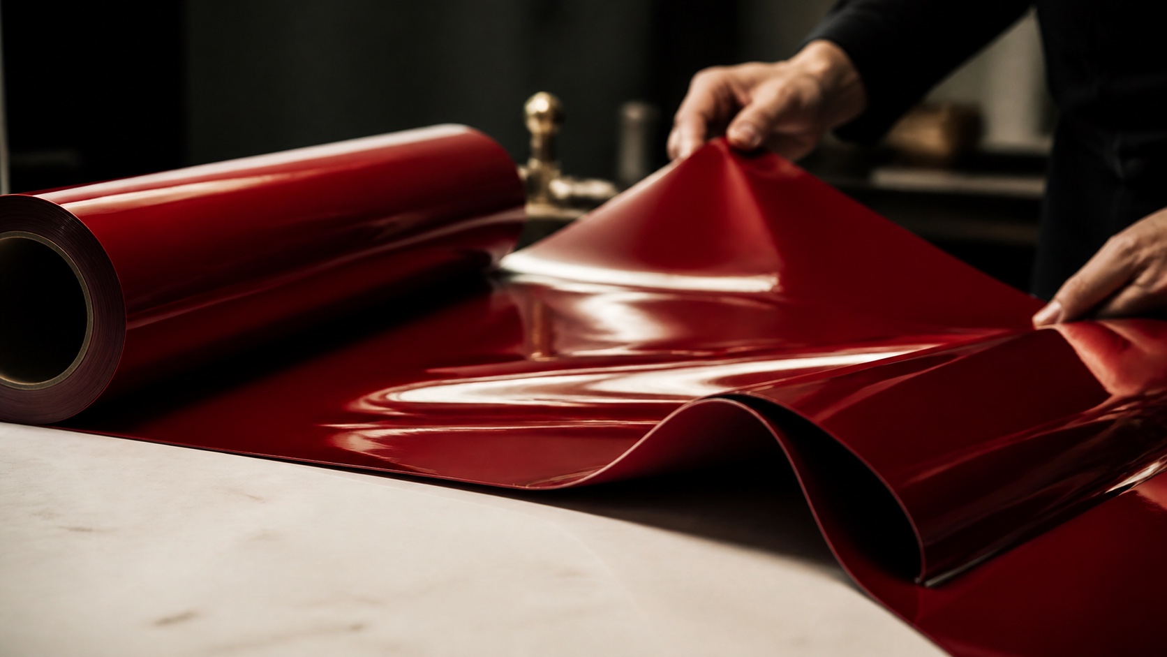 Travail d’une membrane Lackfolie rouge dans l’atelier JC Keller